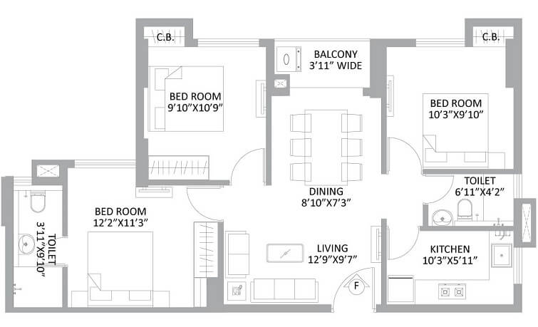Floor plan of 3 BHK 694 Sq. Ft. Apartment in PS Amistad, Kolkata