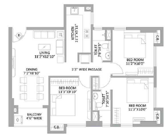 Floor plan of 3 BHK 777 Sq. Ft. Apartment in PS Amistad, Kolkata
