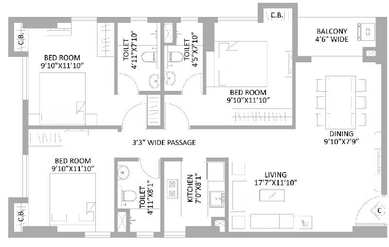 Floor plan of 3 BHK 929 Sq. Ft. Apartment in PS Amistad, Kolkata