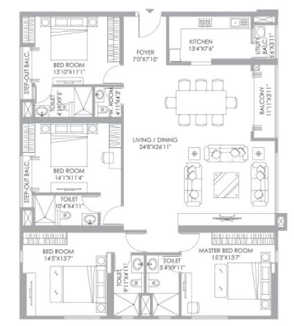 Floor plan of 4 BHK 2084 Sq. Ft. Apartment in PS Anassa, Kolkata