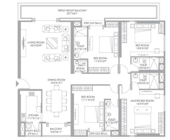 Floor plan of 4 BHK 2566 Sq. Ft. Apartment in PS Anassa, Kolkata