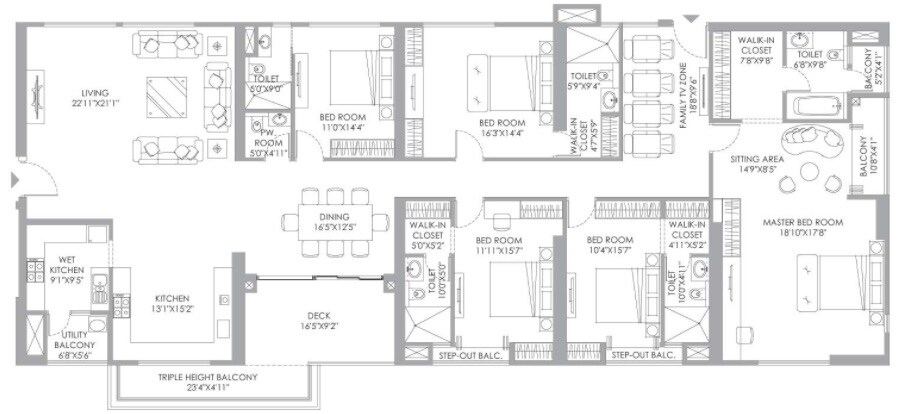 Floor plan of 5 BHK 3659 Sq. Ft. Apartment in PS Anassa, Kolkata