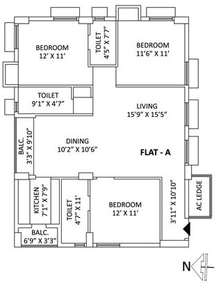Floor plan of 3 BHK 1671 Sq. Ft. Apartment in PS Aspirations Elixir, Kolkata