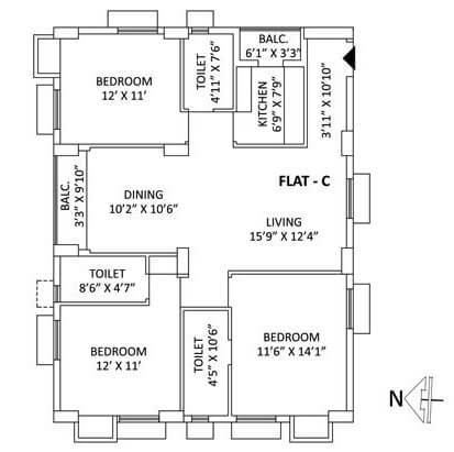 Floor plan of 3 BHK 1682 Sq. Ft. Apartment in PS Aspirations Elixir, Kolkata