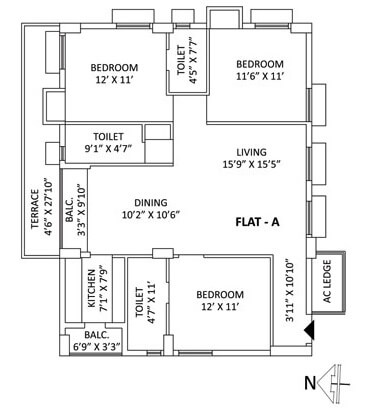 Floor plan of 3 BHK 1734 Sq. Ft. Apartment in PS Aspirations Elixir, Kolkata