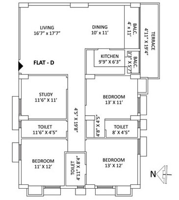 Floor plan of 4 BHK 2118 Sq. Ft. Apartment in PS Aspirations Elixir, Kolkata