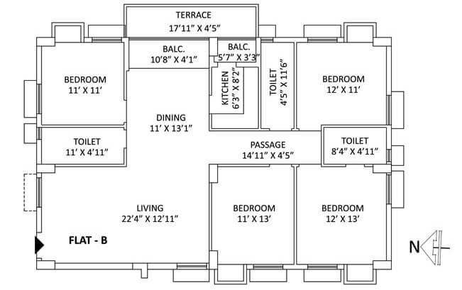 Floor plan of 4 BHK 2123 Sq. Ft. Apartment in PS Aspirations Elixir, Kolkata