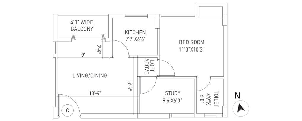 Floor plan of 1 BHK 725 Sq. Ft. Apartment in PS Equinox, Kolkata