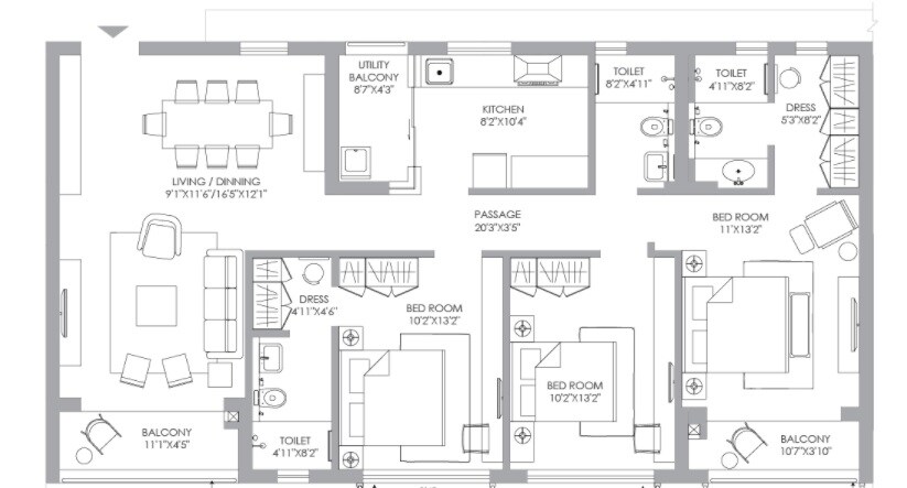 Floor plan of 3 BHK 1160 Sq. Ft. Apartment in PS Jiva, Kolkata