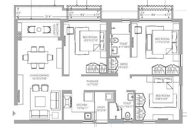 Floor plan of 3 BHK 930 Sq. Ft. Apartment in PS Jiva, Kolkata