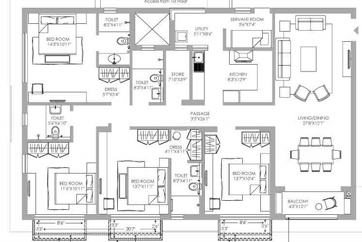 Floor plan of 4 BHK 1490 Sq. Ft. Apartment in PS Jiva, Kolkata