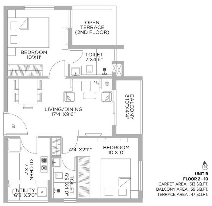 Floor plan of 2 BHK 513 Sq. Ft. Apartment in PS Montage, Kolkata