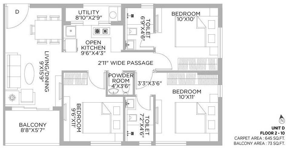 Floor plan of 3 BHK 645 Sq. Ft. Apartment in PS Montage, Kolkata