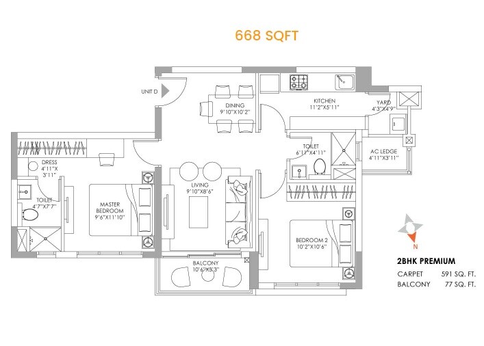 Floor plan of 2 BHK 688 Sq. Ft. Apartment in PS One 10, Kolkata