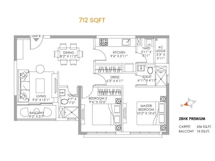 Floor plan of 2 BHK 712 Sq. Ft. Apartment in PS One 10, Kolkata