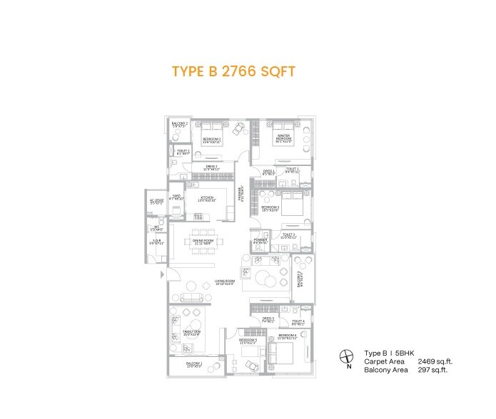 Floor plan of 5 BHK 2766 Sq. Ft. Apartment in PS One 10, Kolkata