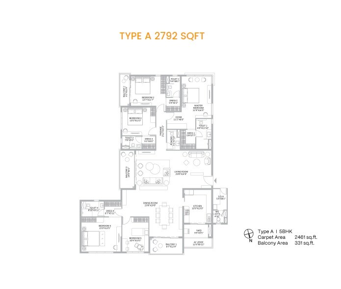 Floor plan of 5 BHK 2792 Sq. Ft. Apartment in PS One 10, Kolkata