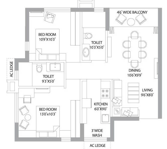 Floor plan of 2 BHK 1032 Sq. Ft. Apartment in PS Panache, Kolkata