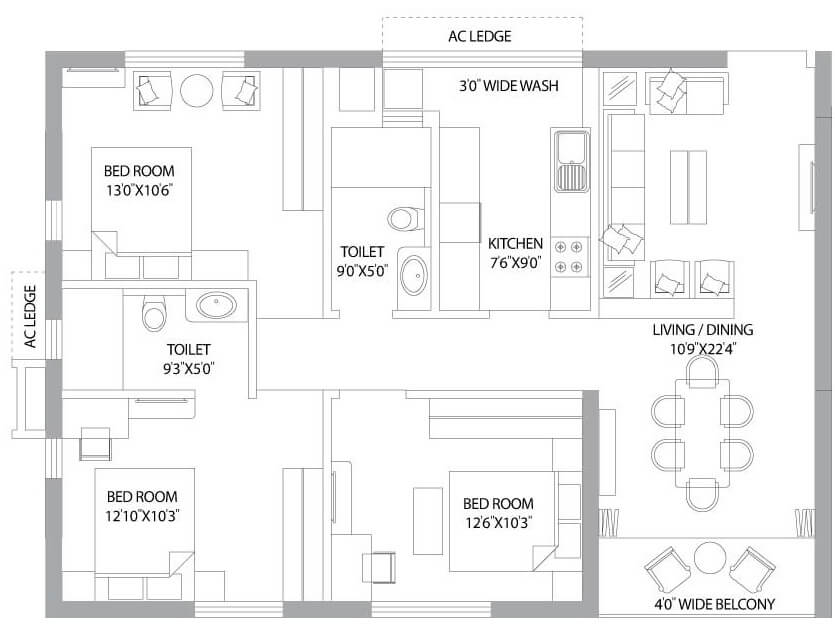 Floor plan of 3 BHK 1421 Sq. Ft. Apartment in PS Panache, Kolkata