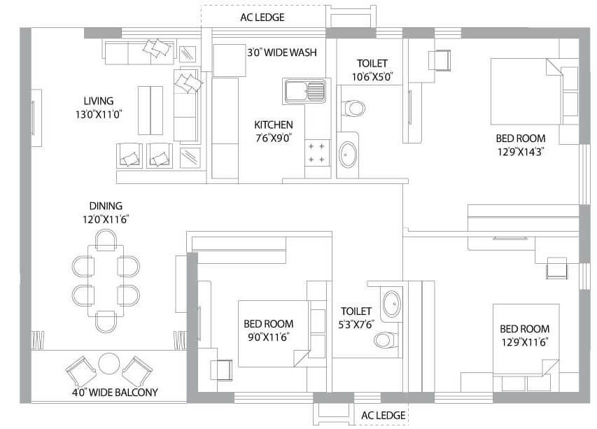 Floor plan of 3 BHK 1550 Sq. Ft. Apartment in PS Panache, Kolkata