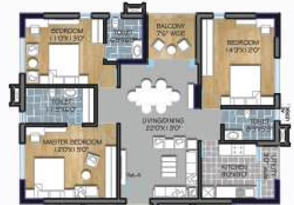 Floor plan of 3 BHK 1712 Sq. Ft. Apartment in PS Panache, Kolkata