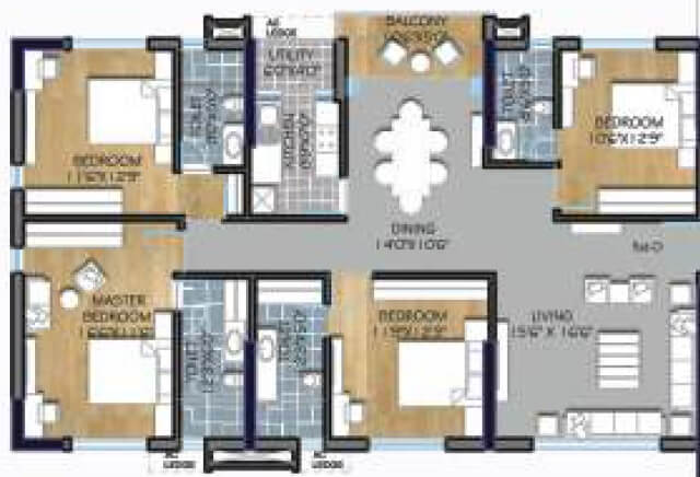 Floor plan of 4 BHK 2300 Sq. Ft. Apartment in PS Panache, Kolkata