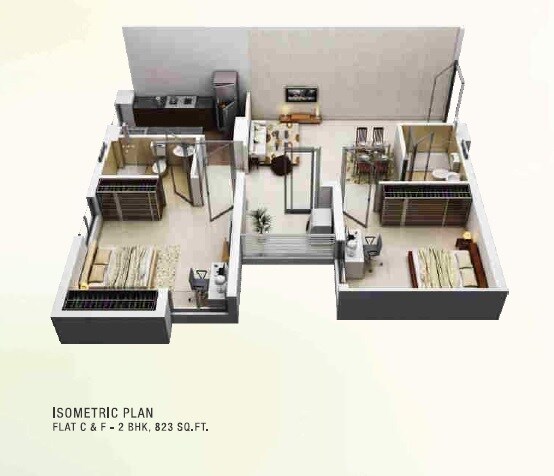 Floor plan of 2 BHK 823 Sq. Ft. Apartment in PS Srijan Eternis, Kolkata