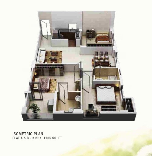 Floor plan of 3 BHK 1105 Sq. Ft. Apartment in PS Srijan Eternis, Kolkata