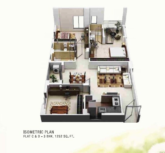 Floor plan of 3 BHK 1252 Sq. Ft. Apartment in PS Srijan Eternis, Kolkata