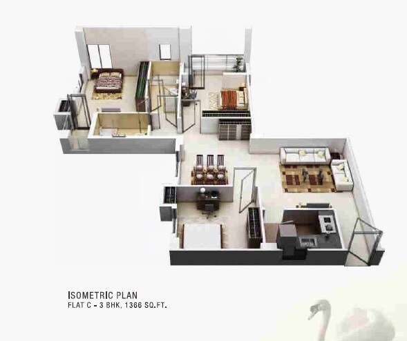 Floor plan of 3 BHK 1366 Sq. Ft. Apartment in PS Srijan Eternis, Kolkata