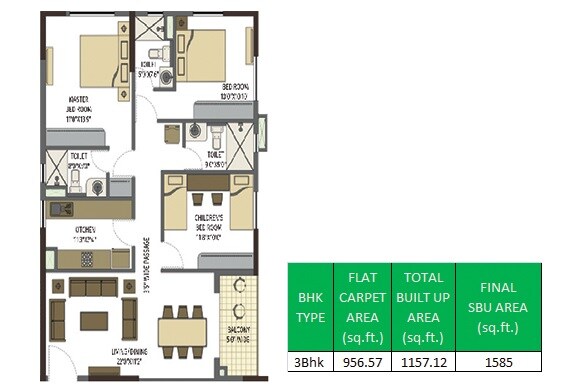Floor plan of 3 BHK 1585 Sq. Ft. Apartment in PS Srijan Ozone, Kolkata