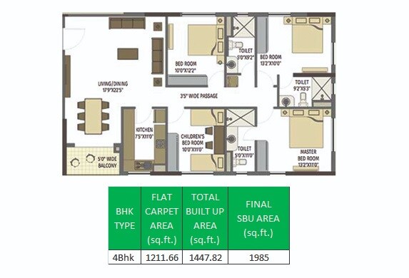 Floor plan of 4 BHK 1985 Sq. Ft. Apartment in PS Srijan Ozone, Kolkata