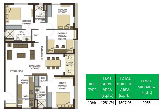 Floor plan of 4 BHK 2065 Sq. Ft. Apartment in PS Srijan Ozone, Kolkata