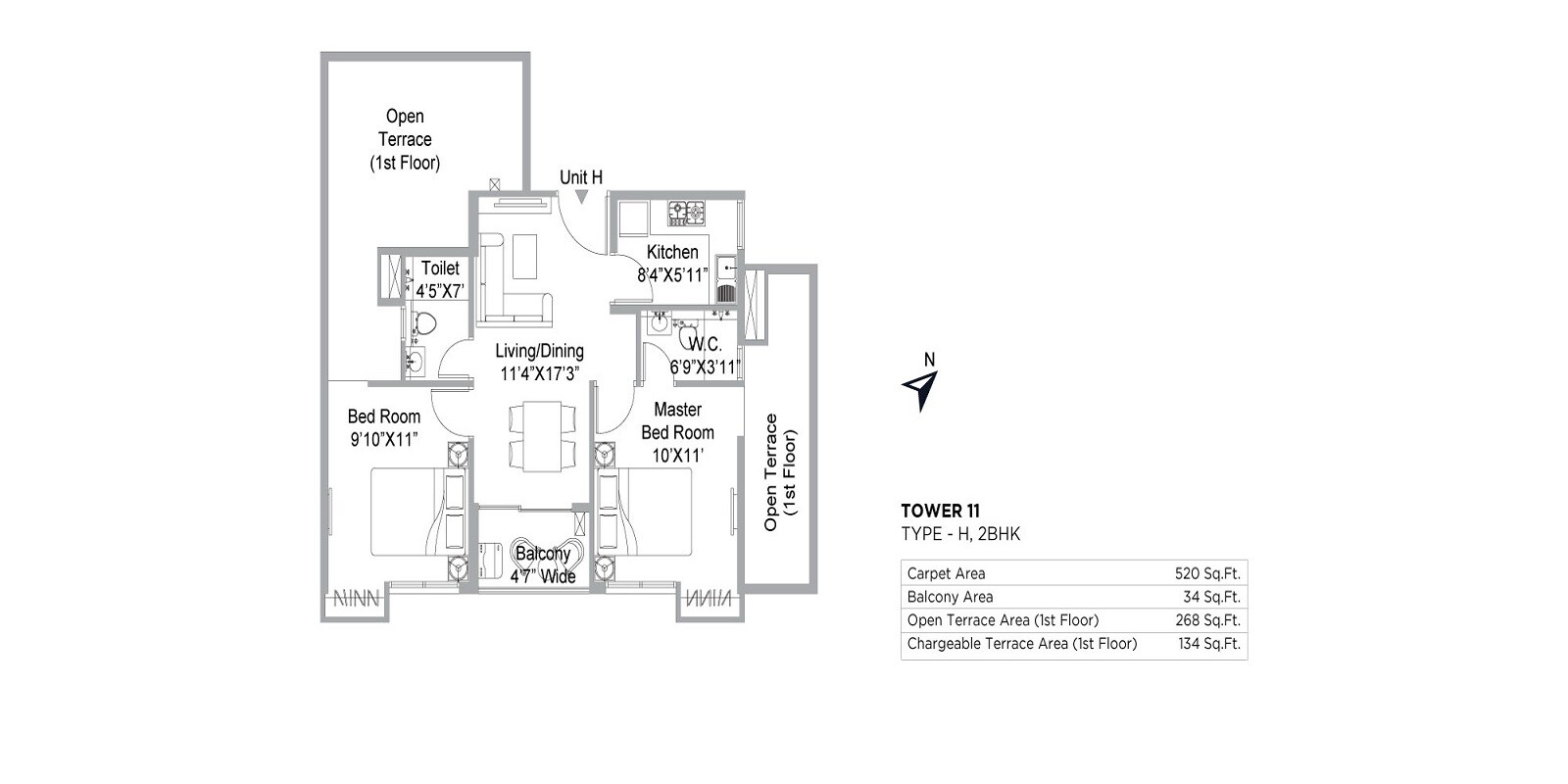 Floor plan of 3 BHK 520 Sq. Ft. Apartment in PS The 102, Kolkata