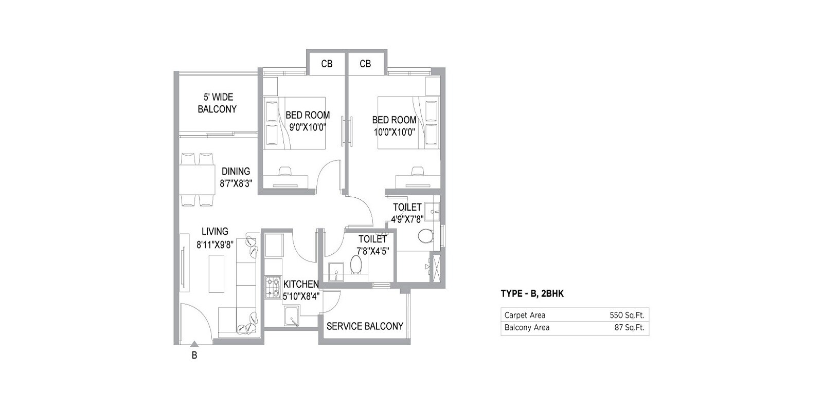 Floor plan of 2 BHK 550 Sq. Ft. Apartment in PS The 102, Kolkata
