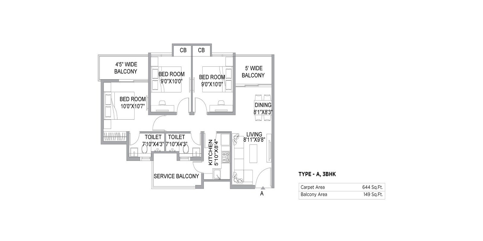 Floor plan of 3 BHK 644 Sq. Ft. Apartment in PS The 102, Kolkata