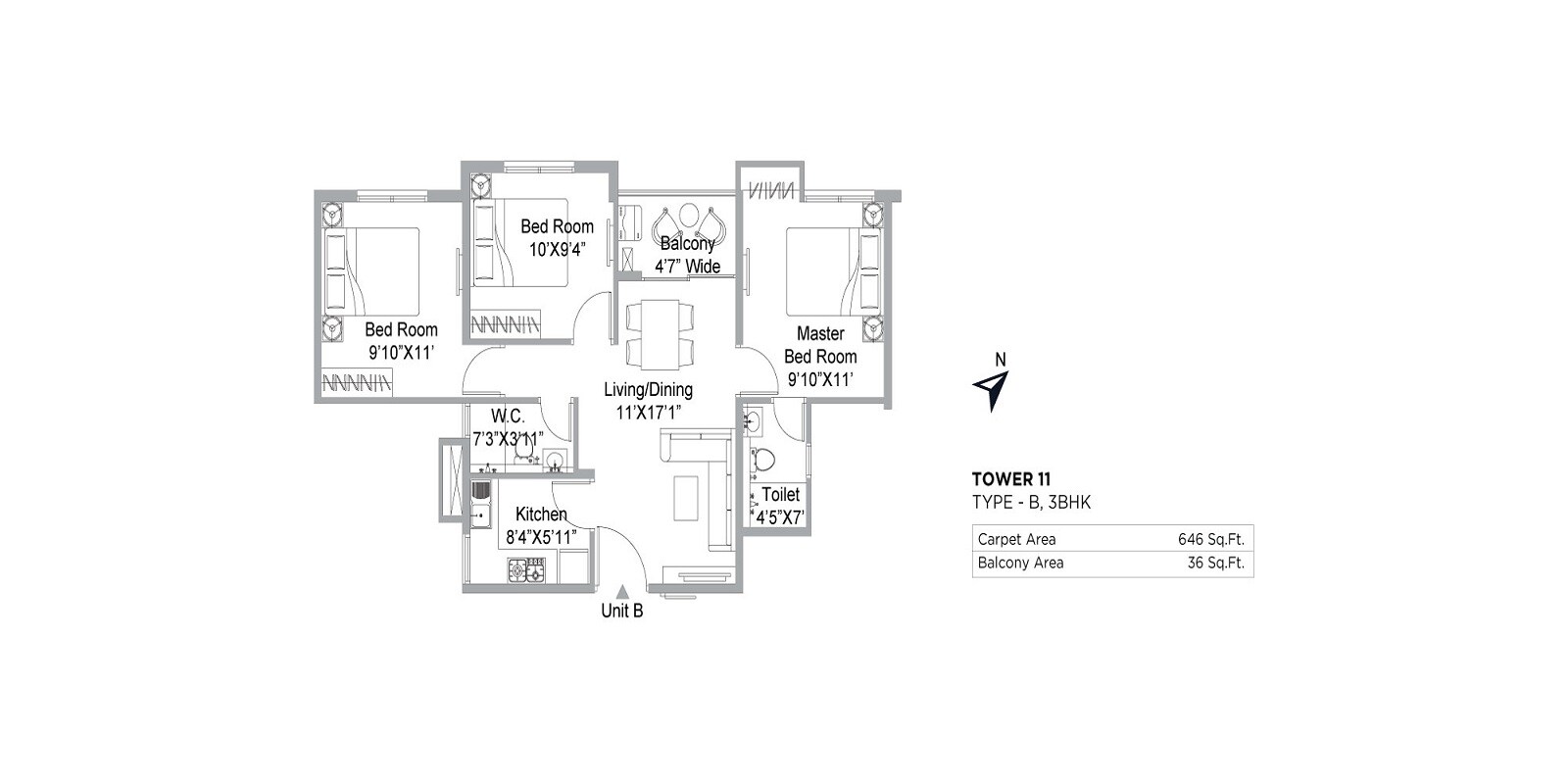 Floor plan of 3 BHK 646 Sq. Ft. Apartment in PS The 102, Kolkata