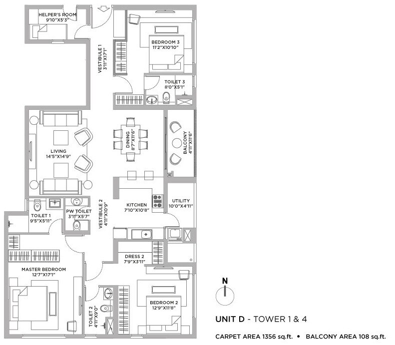 Floor plan of 3 BHK Apartment - 1464 sq. ft. in PS Vaanya, Kolkata