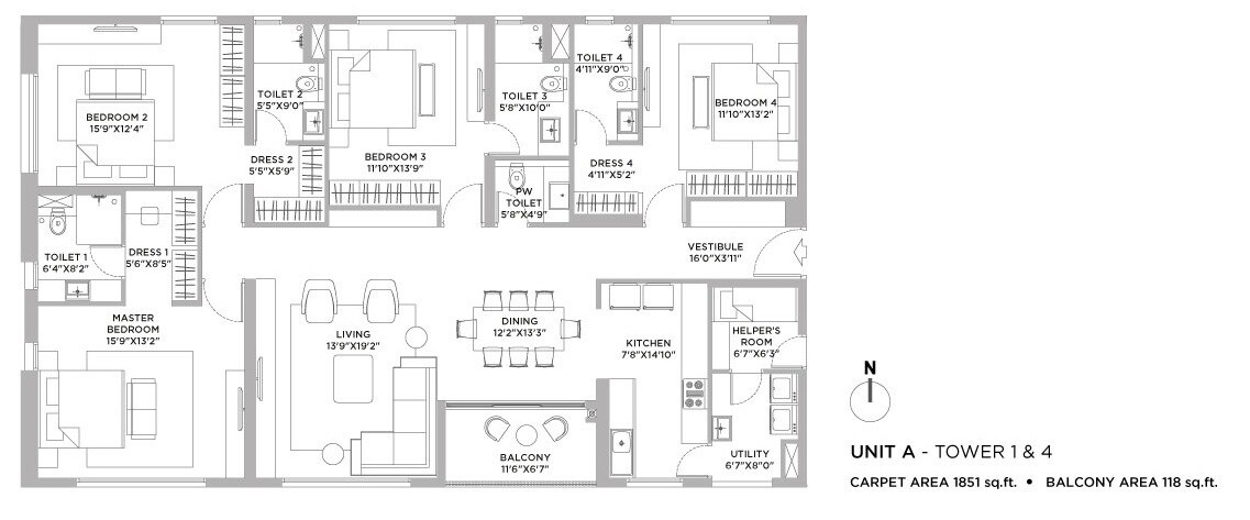 Floor plan of 4 BHK Apartment - 1969 sq. ft. in PS Vaanya, Kolkata