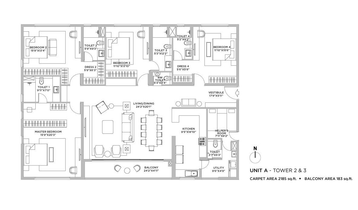 Floor plan of 4 BHK Apartment - 2368 sq. ft. in PS Vaanya, Kolkata