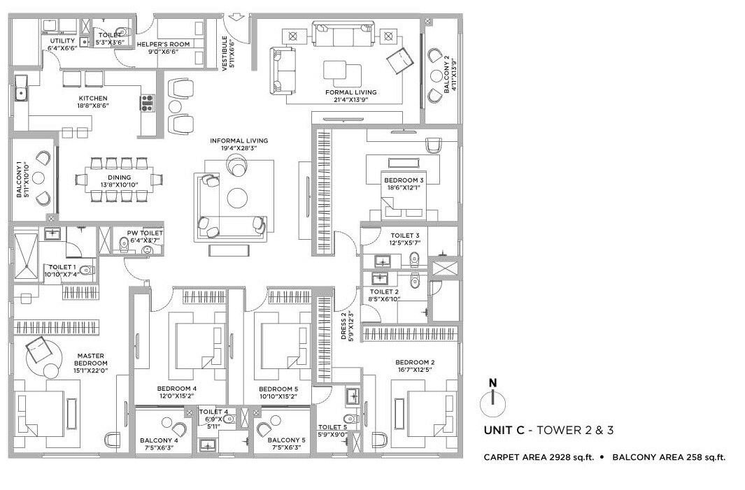 Floor plan of 5 BHK Apartment - 3186 sq. ft. in PS Vaanya, Kolkata