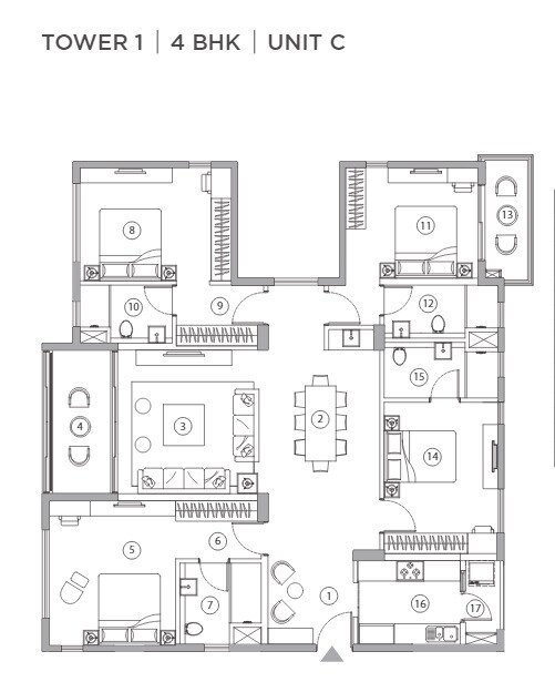 Floor plan of 4 BHK 1934 Sq. Ft. Apartment in PS Vinayak Navyom Phase I, Kolkata