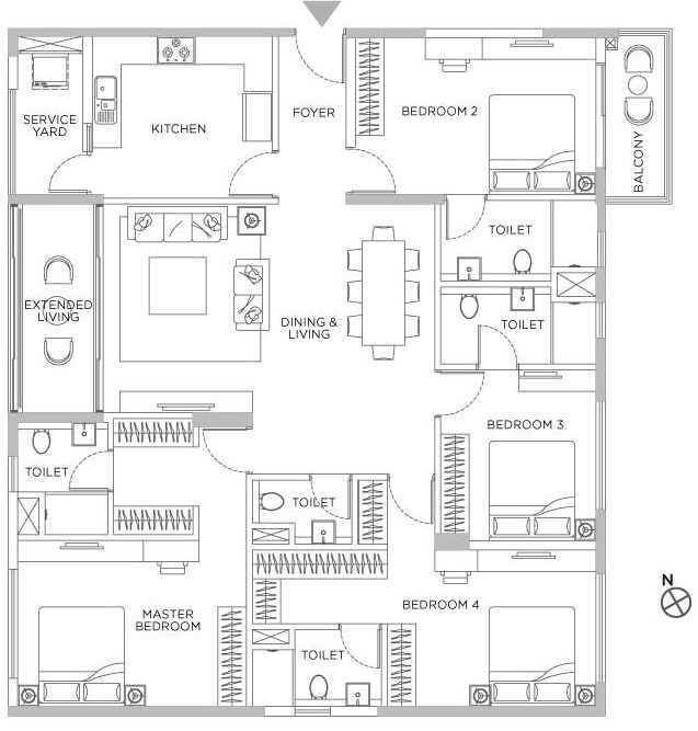 Floor plan of 4 BHK 1983 Sq. Ft. Apartment in PS Vinayak Navyom Phase II, Kolkata
