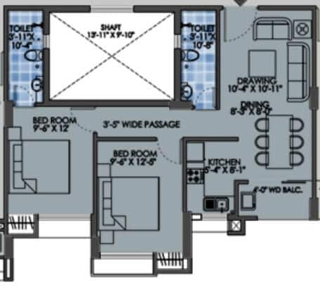 Floor plan of 2 BHK 910 Sq. Ft. Apartment in Purti Star, Kolkata