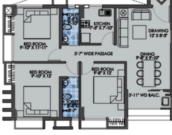 Floor plan of 3 BHK 1106 Sq. Ft. Apartment in Purti Star, Kolkata