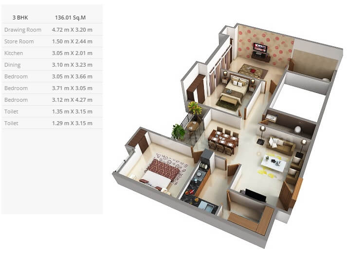 Floor plan of 3 BHK 1464 Sq. Ft. Apartment in Purti Star, Kolkata
