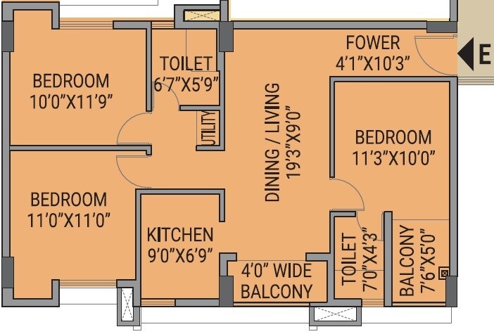 Floor plan of 3 BHK 1391 Sq. Ft. Apartment in Raga Sarvalom, Kolkata