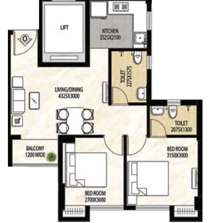 Floor plan of 2 BHK 813 Sq. Ft. Apartment in Rajat Avante, Kolkata