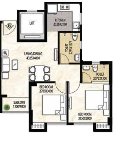 Floor plan of 2 BHK 843 Sq. Ft. Apartment in Rajat Avante, Kolkata