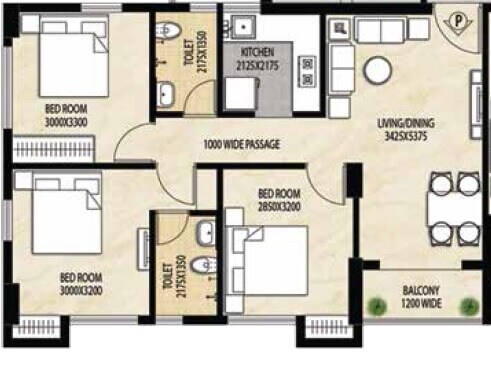 Floor plan of 3 BHK 1030 Sq. Ft. Apartment in Rajat Avante, Kolkata